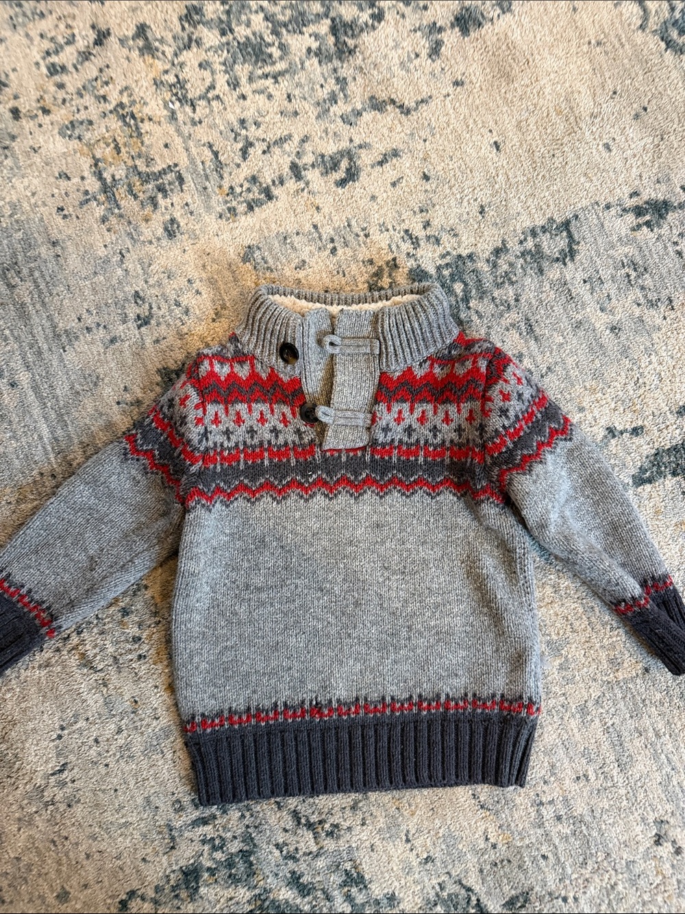 GAP Gray Fair Isle Sweater with Red and Dark Gray Accents
